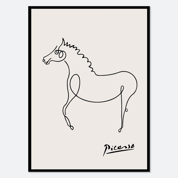 Impression d'art de dessin au trait de croquis de cheval de Pablo Picasso | Esquisse Le Cheval, affiche vintage d'exposition de musée, sérigraphie animalière Picasso # PP37