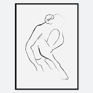 Könnte beinhalten: Eine Schwarzweiß-Linienzeichnung einer Person in sitzender Pose. Die Zeichnung ist minimalistisch und abstrakt, wobei die Form der Figur durch eine einzige durchgehende Linie angedeutet wird.