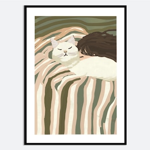 Girl Hugging White Cat Wall Art Print | Hand Drawn Cozy Illustration, Modern Woman Striped Bed Poster, Contemporary Aesthetic Animal MA107