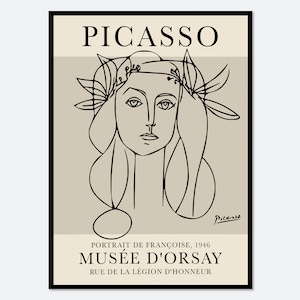 Impresión artística de Picasso: Retrato de Françoise Gilot / Boceto de mujer de Pablo Picasso, dibujo lineal de litografía de Picasso, póster de exposición vintage n.º PP01