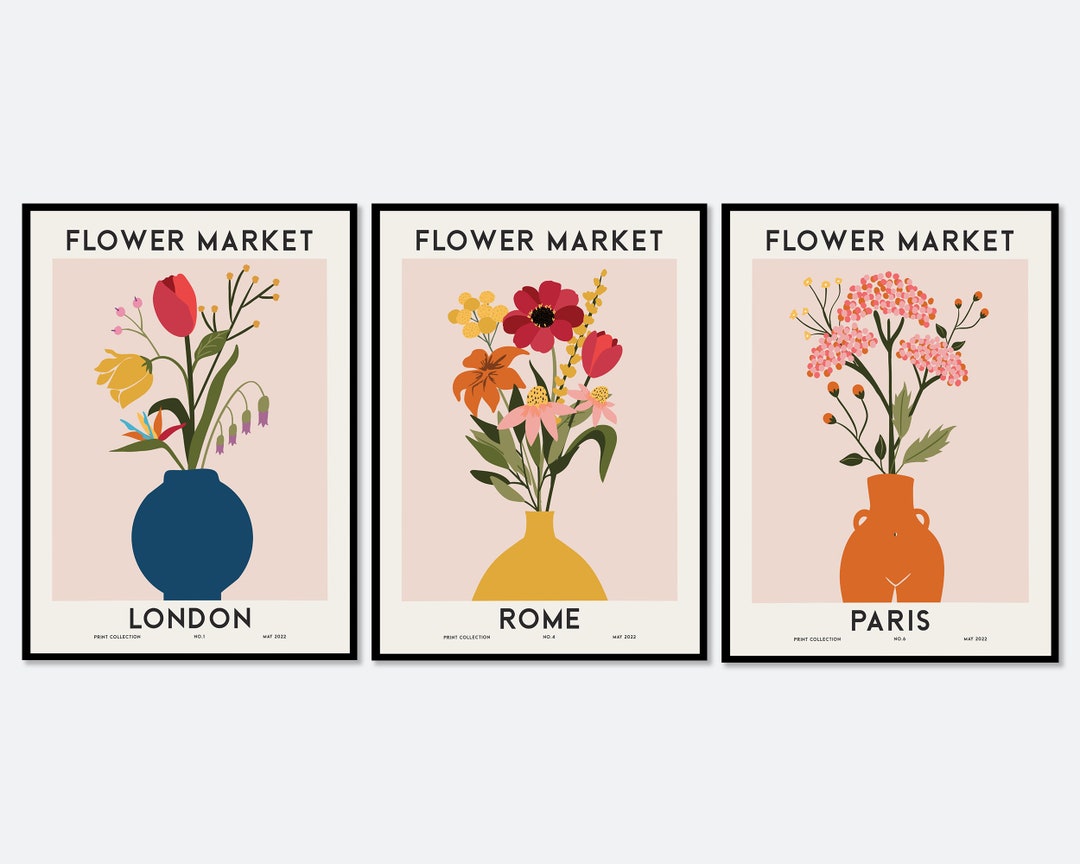 Flower Market Floral Set of 3 Colorful Botanical Art Prints | Spring ...