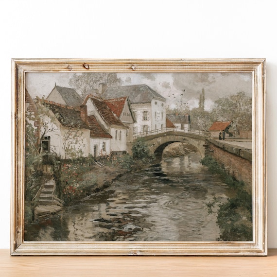素朴なヴィンテージヨーロッパの小さな町の水路の油絵ウォールアート