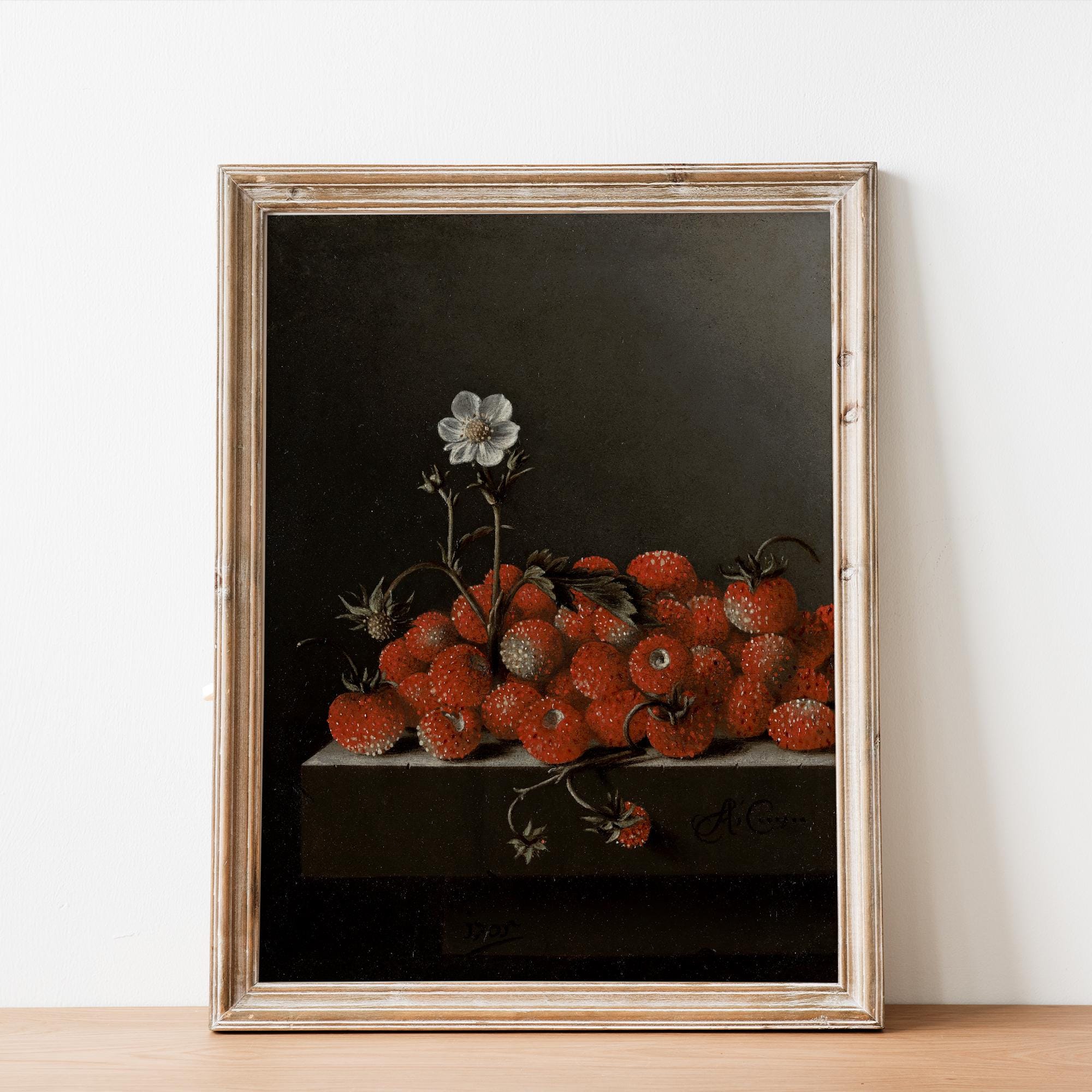 Vintage Wild Strawberries Still Life Wall Art Print, Rustic Dark Moody ...