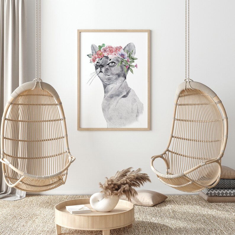 Safari Cat With Pink Flowers Crown Poster Nursery Wall Art Print ...