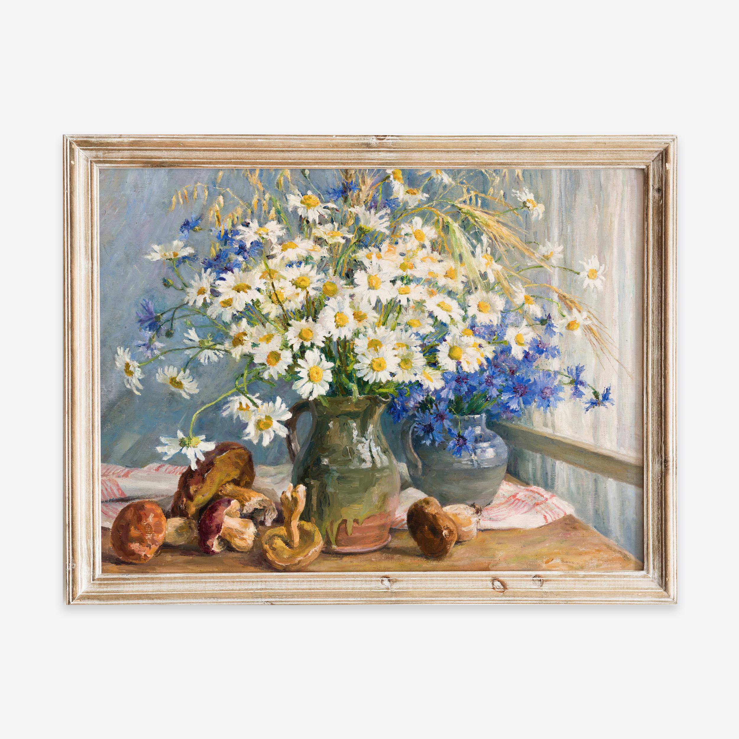 ヴィンテージ ホワイト ブルー デイジー 花瓶に入った花 静物画