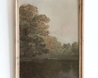 Rustikales europäisches Land See Wald Ölgemälde Wandkunst Druck, neutrales Herbst Fluss Landschaft Poster, antikes launisches Bauernhaus VP76