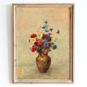 Impresión artística vintage europea de flores coloridas en un jarrón, pintura al óleo de bodegón, póster vintage colorido, Odilon Redon, Flores en un jarrón OR04