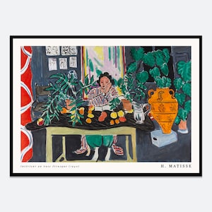 Póster vintage de Henri Matisse: Interior con jarrón etrusco. Impresión artística para pared. Retrato de mujer antiguo. Famosa pintura fauvista colorida. M171A.