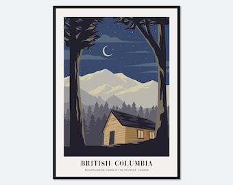 Cabana na região selvagem das Montanhas Rochosas, Canadá - Impressão artística boho colorida | Ilustração abstrata de paisagem, impressão das Montanhas Rochosas, pôster de viagem #TA20