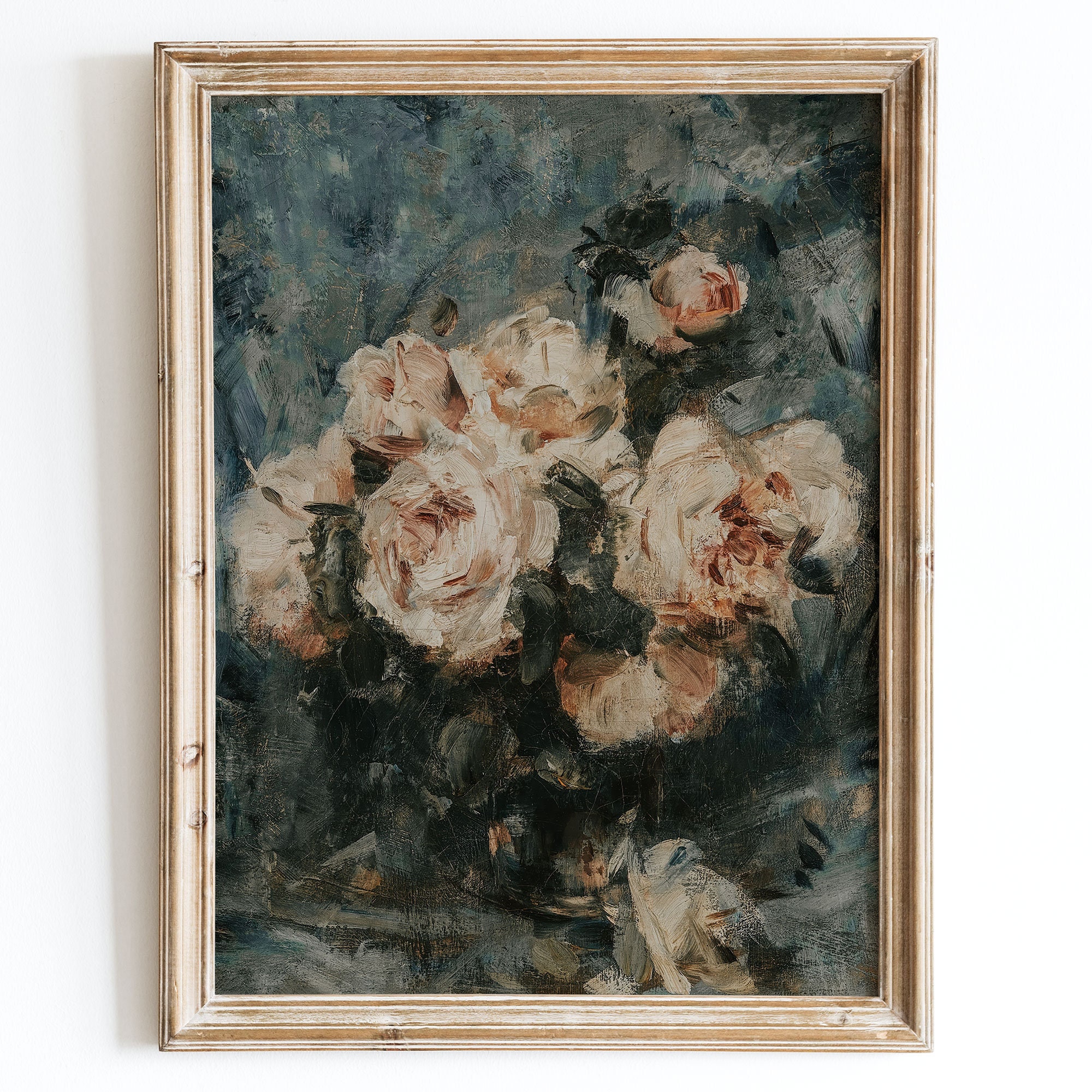 Europäische Vintage Rosenblumen in der Vase Stillleben Wandkunstdruck, rustikales dunkles Ölgemälde berühmtes antikes schwermütiges neutrales Bauernhausplakat VP69