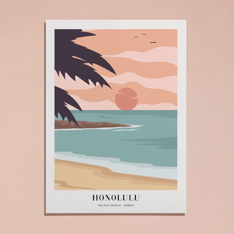 Waikiki Beach Honolulu Hawaii Colorful Boho Art Print | Abstract Landscape Illustration, Coastal Beach Print, Tropical Travel Poster #TA11 image 6