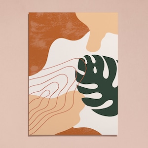 May include: Abstract art print featuring a large green leaf with white veins, surrounded by organic shapes in shades of brown, peach, and white.