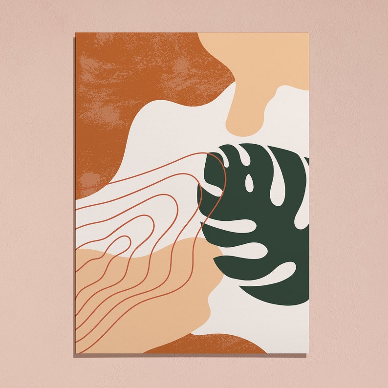 May include: Abstract art print featuring a large green leaf with white veins, surrounded by organic shapes in shades of brown, peach, and white.