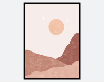Abstract Landscape Mountains Boho Art Print | Mid Century Modern Print, Boho Wall Decor, Boho Art Print, Sunset Art, Sunrise Art #AL15