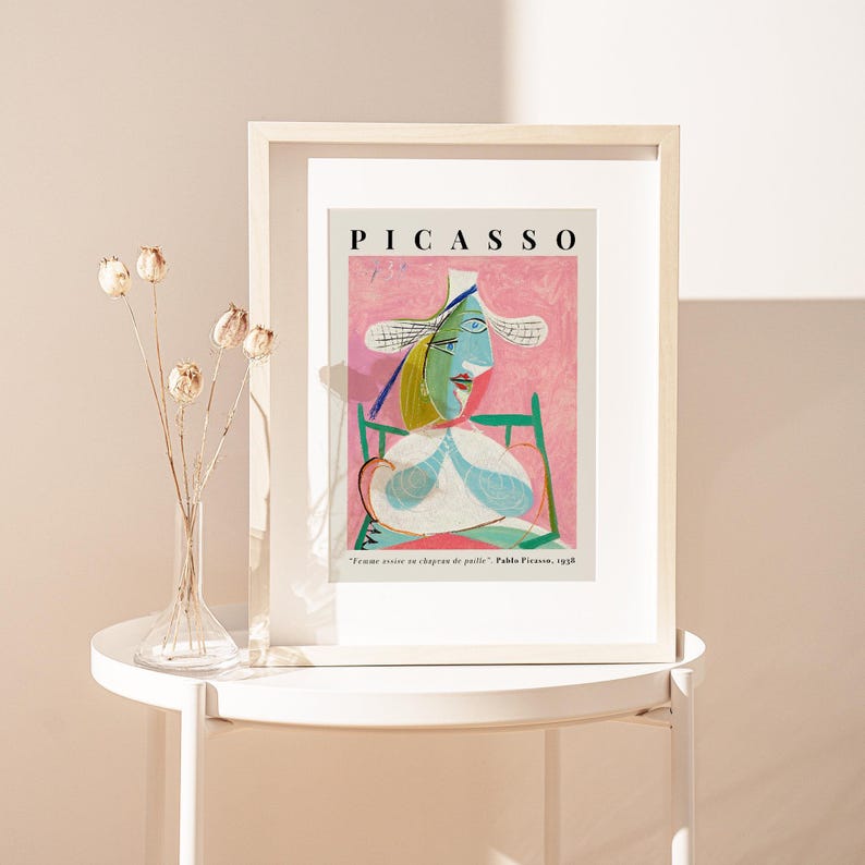 Pablo Picasso Femme Assise au Chapeau de Paille (Marie-Thérèse) Pink Abstract Cubism Painting Vintage Poster Wall Art Print | Seated Woman in Straw Hat, Girl Portrait, SugarnCanvas Printed Shipped Mailed Fine Art Print