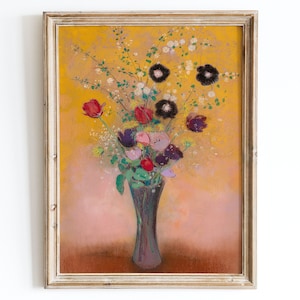 Impresión artística vintage europea de flores coloridas en un jarrón, pintura al óleo de bodegón, póster vintage colorido, Odilon Redon, Jarrón de flores OR17