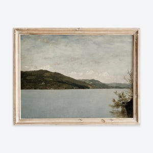 Rustikales Vintage Herbst Bergsee Landschaft Ölgemälde Wand Kunst Druck, Neutral Poster, Bauernhaus Antik Moody Fluss Kunst VP264