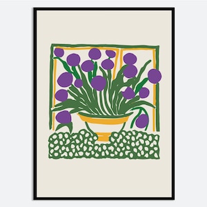 Impresión de arte mural con ilustración de ramo abstracto de flores moradas en jarrón / Póster floral minimalista, estampado bohemio de vegetación botánica FM138