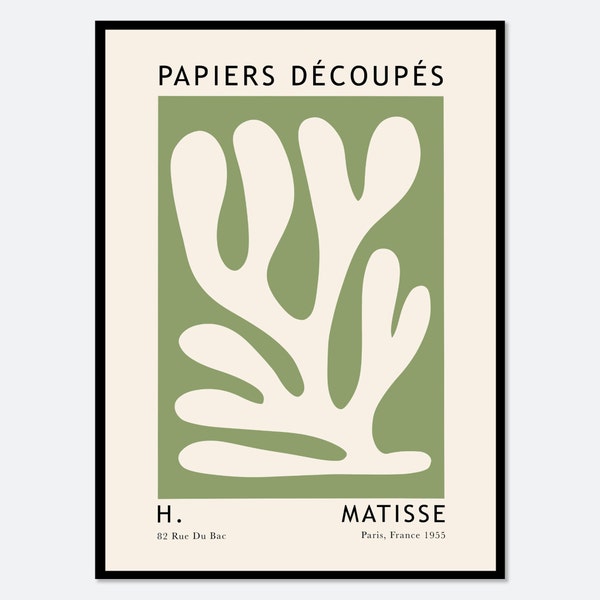 Henri Matisse découpe l'impression d'art mural abstrait vintage | Affiche colorée Matisse, Berggruen Cie, Papiers découpés, Art botanique vert M157