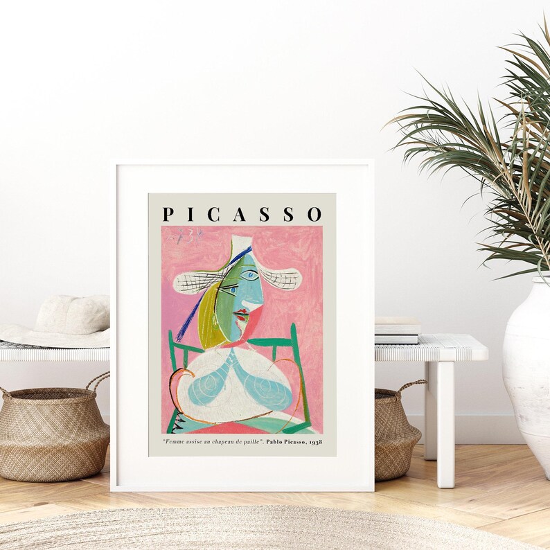 Pablo Picasso Femme Assise au Chapeau de Paille (Marie-Thérèse) Pink Abstract Cubism Painting Vintage Poster Wall Art Print | Seated Woman in Straw Hat, Girl Portrait, SugarnCanvas Printed Shipped Mailed Fine Art Print