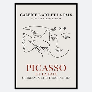 Pablo Picasso Dove of Peace Art Print | L&#39;Art et la Paix, Woman and Dove One Line Drawing, Minimalist Art, Vintage Exhibition Poster  #PP30