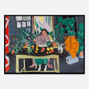 Póster vintage de Henri Matisse: Interior con jarrón etrusco. Impresión artística para pared. Retrato de mujer antiguo. Famosa pintura fauvista colorida. M171B.