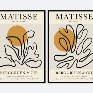 Henri Matisse Cut Outs Set of 2 Vintage Poster Beige Yellow Art Prints | Mid Century Modern, Minimalist Coral Abstract Neutral Wall Art