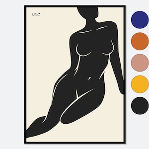 May include: A black and white minimalist art print featuring a stylized silhouette of a person in a sitting pose. The background is a light beige color.