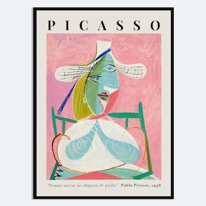 Pablo Picasso Femme Assise au Chapeau de Paille (Marie-Thérèse) Pink Abstract Cubism Painting Vintage Poster Wall Art Print | Seated Woman in Straw Hat, Girl Portrait, SugarnCanvas Printed Shipped Mailed Fine Art Print
