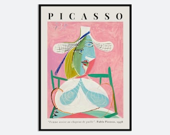 Pablo Picasso Femme Assise au Chapeau de Paille Pink Abstract Cubism Painting Vintage Poster Wall Art Print | Seated Woman Straw Hat PP47