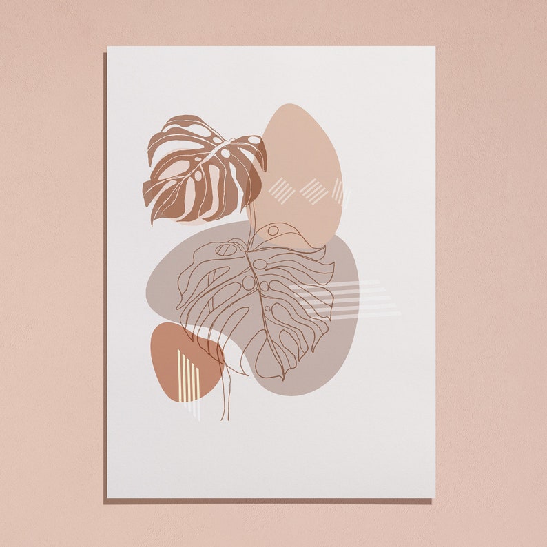 May include: Abstract art print featuring a brown and beige color scheme with a stylized leaf design. The print features a large leaf with a geometric pattern and two smaller leaves with a more organic shape.