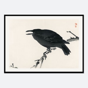 Crow Tree Branch Kono Bairei Vintage Japanese Woodblock Poster Bird Wall Art Print | 幸野 楳嶺, Retro Japanese Asian Art Animal Wall Decor #JP44