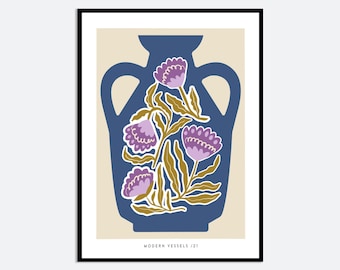 Abstract Blue Vase Pink Flowers Wall Art Print | Contemporary Floral Illustration, Modern Aesthetic Poster, Colorful Botanical Art FM164