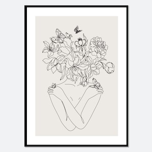 Single Line Woman Head of Flowers Line Art Print | One Line Drawing Face Art, Minimalist Art, Continuous Line Drawing, Botanical Art #LA22