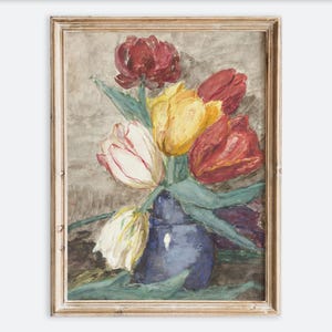 Impresión artística de pared con tulipanes coloridos vintage en un jarrón, bodegón, pintura botánica rústica, póster de estilo rústico con motivos florales VP332