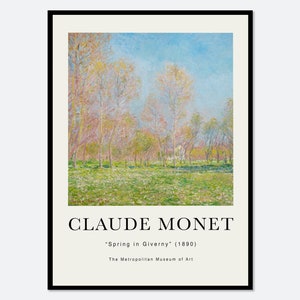 May include: A painting by Claude Monet titled "Spring in Giverny" (1890). The painting depicts a landscape with trees and a field of flowers in shades of pink, green, and blue. The painting is from the collection of The Metropolitan Museum of Art.