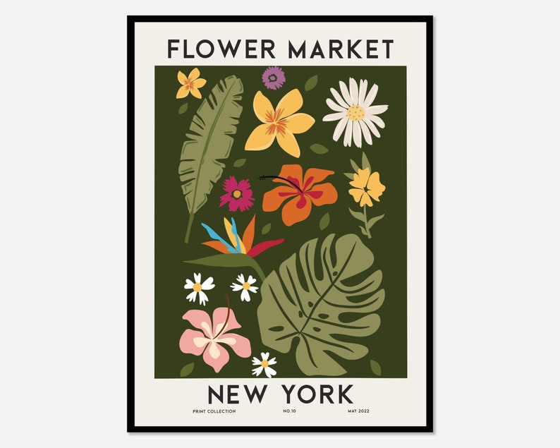 Bloemenmarkt New York kleurrijke botanische kunstprint Lentebloemen print, bloemenmuurkunst, bloemen planten poster, kleurrijke kunstprint FM83 afbeelding 1