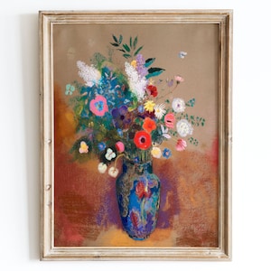 Impresión artística vintage europea de flores coloridas en jarrón, pintura al óleo de bodegón, póster vintage colorido, Odilon Redon, ramo de flores OR01