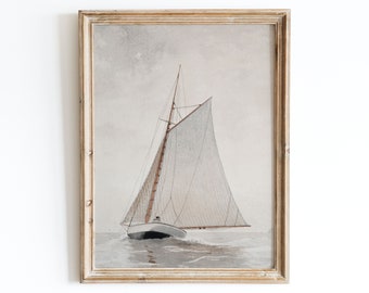 Väggkonsttryck med europeisk vintage segelbåt, rustik kustbåt i havet oljemålning, antik lantlig bondgård dämpad minimalistisk poster VP44