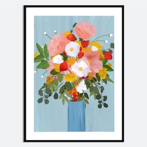 Impresión artística de pared estética con ramo floral colorido en jarrón azul / Ilustración moderna contemporánea dibujada a mano, póster de cocina de primavera y verano MA32