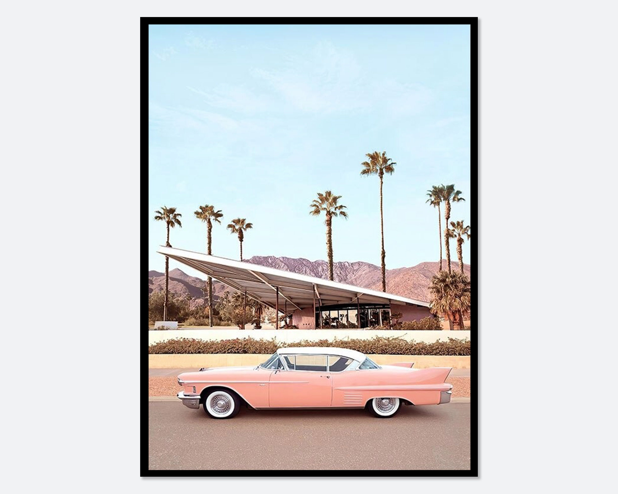 Vintage Pink Car California Summer Art Print Tropical Wall | Etsy