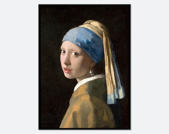 May include: An oil painting depicting a figure wearing a blue headscarf and a yellow headcloth, with a white collar visible beneath a brown garment. A single pearl earring hangs from the ear, set against a dark, solid black background.