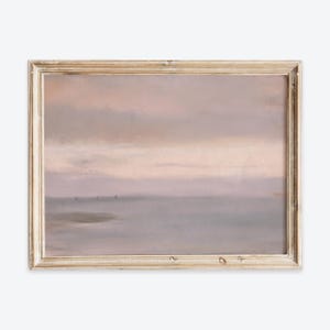 Impresión artística rústica vintage de puesta de sol en el mar, póster al óleo vintage de playa oceánica, pintura de paisaje antiguo en tonos neutros y apagados VP248