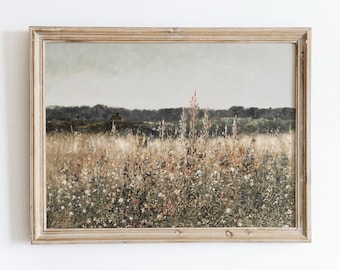 Rustikales Vintages europäisches Land Blumenfeld-Ölgemälde Wand-Kunstdruck, neutrales Landschaftsplakat, antikes launisches Bauernhausdekor VP36