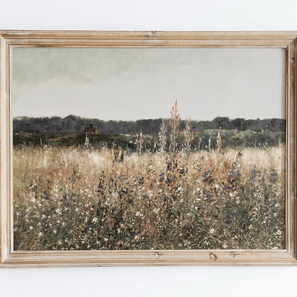 Rustic Vintage European Country Flower Field Oil Painting Wall Art Print, Neutral Muted Landscape Poster, Antique Moody Farmhouse Decor VP36