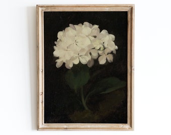 European Vintage White Hydrangea Flowers Still Life Wall Art Print, Rustic Dark Oil Painting, Antique Moody Neutral Farmhouse Poster VP58