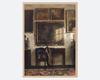 Carl Holsøe Interior with a Cello Fine Art Print, Music Room Painting, Scandinavian Vintage Poster, Danish Decor, Antique Instrument VP540
