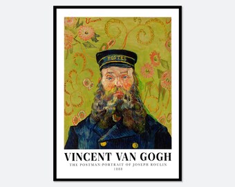 May include: A framed art print of Vincent van Gogh's portrait of Joseph Roulin, the postman. The subject wears a dark blue uniform and a cap with the word POSTES. The background is a light green wall with pink floral patterns. Text reads VINCENT VAN GOGH.