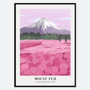 Japan Travel Poster, Cherry Blossoms, Mount Fuji, Hitachi Seaside Park, Colorful Boho Art Print, Landscape Illustration, Flowers Print #TA35
