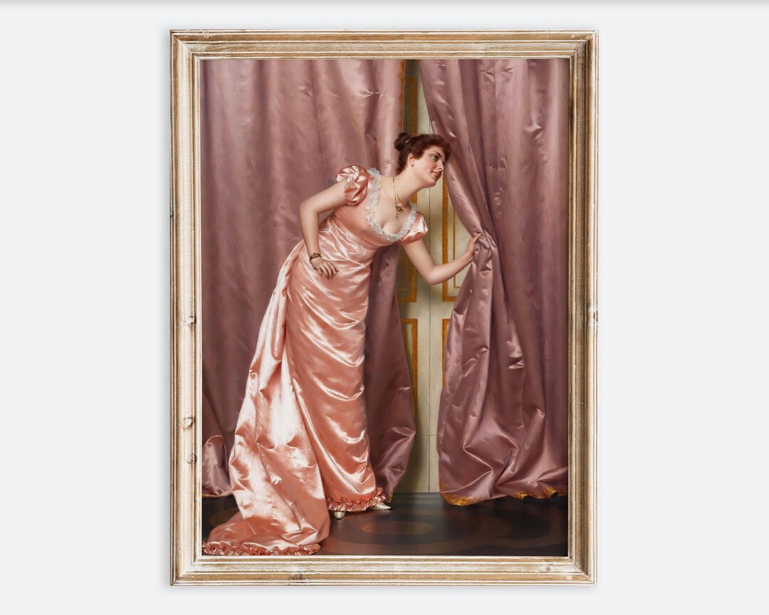 Vintage Woman in Pink Dress Eavesdropping Portrait Painting Wall Art ...